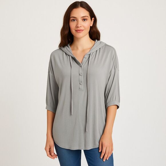 NEW POL Gray Henley Style Hooded Top Crochet Trim Drop Shoulder Lace Trim Small - Picture 1 of 16